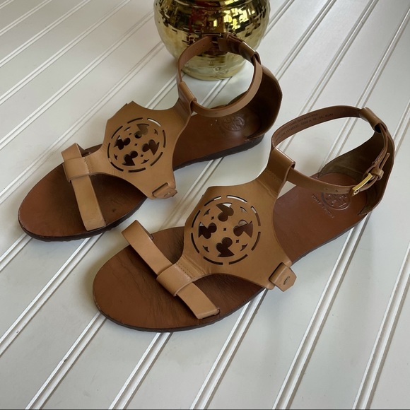 Tory Burch Tan Leather Zoey Logo Flat Sandal - Picture 2 of 6